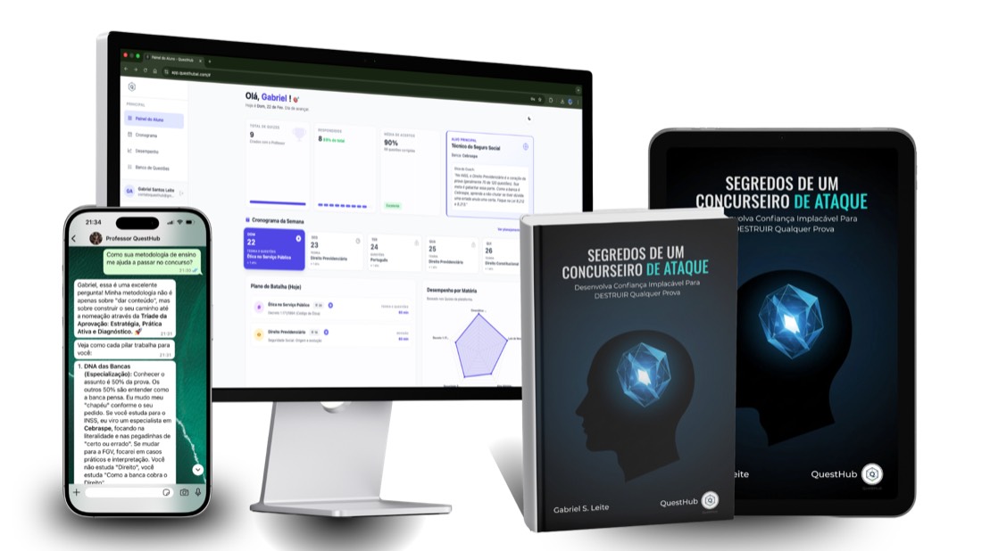 Mockup do QuestHub com WhatsApp, Painel VIP e material de apoio